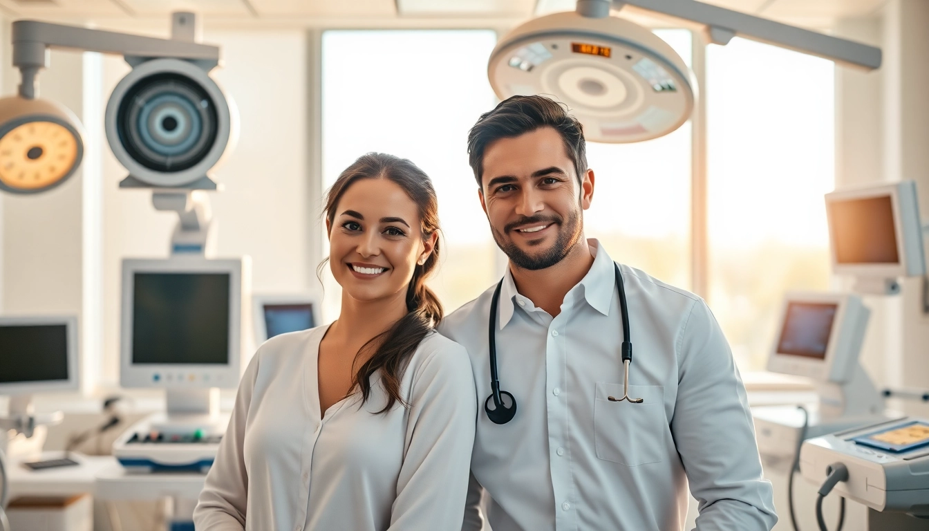 Una coppia felice con medici in un setting clinico, rappresentativa della fecondazione in vitro.