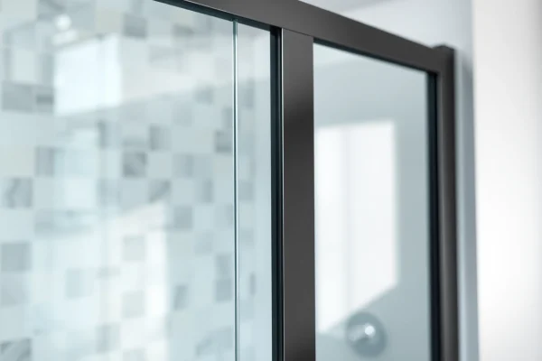 Showcase a luxurious black shower sliding door with frameless design in a modern bathroom.