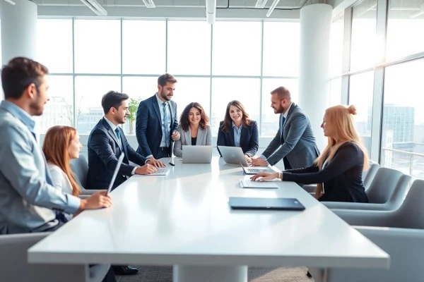 Legal Debt Recovery Platform team collaborating in a modern office environment, highlighting professionalism.