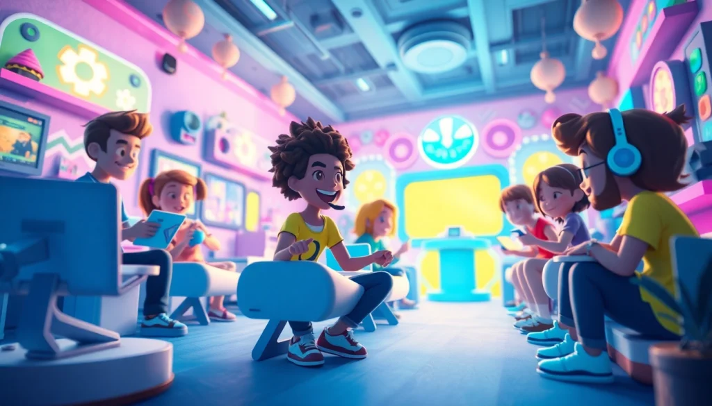 Engaging characters playing free porn games in a colorful gaming environment.