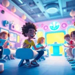 Engaging characters playing free porn games in a colorful gaming environment.
