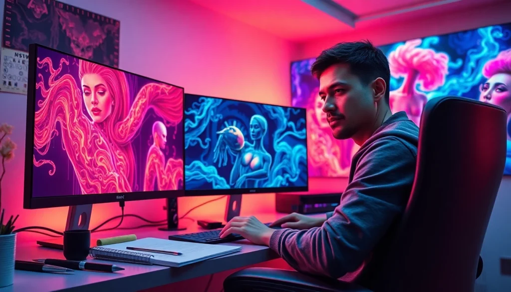 Eye-level view of a digital artist creating AI NSFW art in a vibrant workspace.
