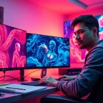 Eye-level view of a digital artist creating AI NSFW art in a vibrant workspace.