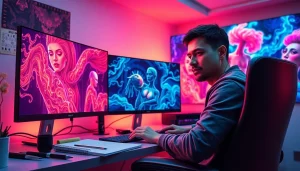 Eye-level view of a digital artist creating AI NSFW art in a vibrant workspace.