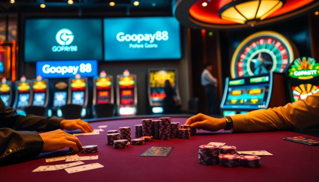 Poker table action featuring Gopay88 branding, vibrant casino atmosphere, and high-stakes excitement.