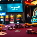 Poker table action featuring Gopay88 branding, vibrant casino atmosphere, and high-stakes excitement.