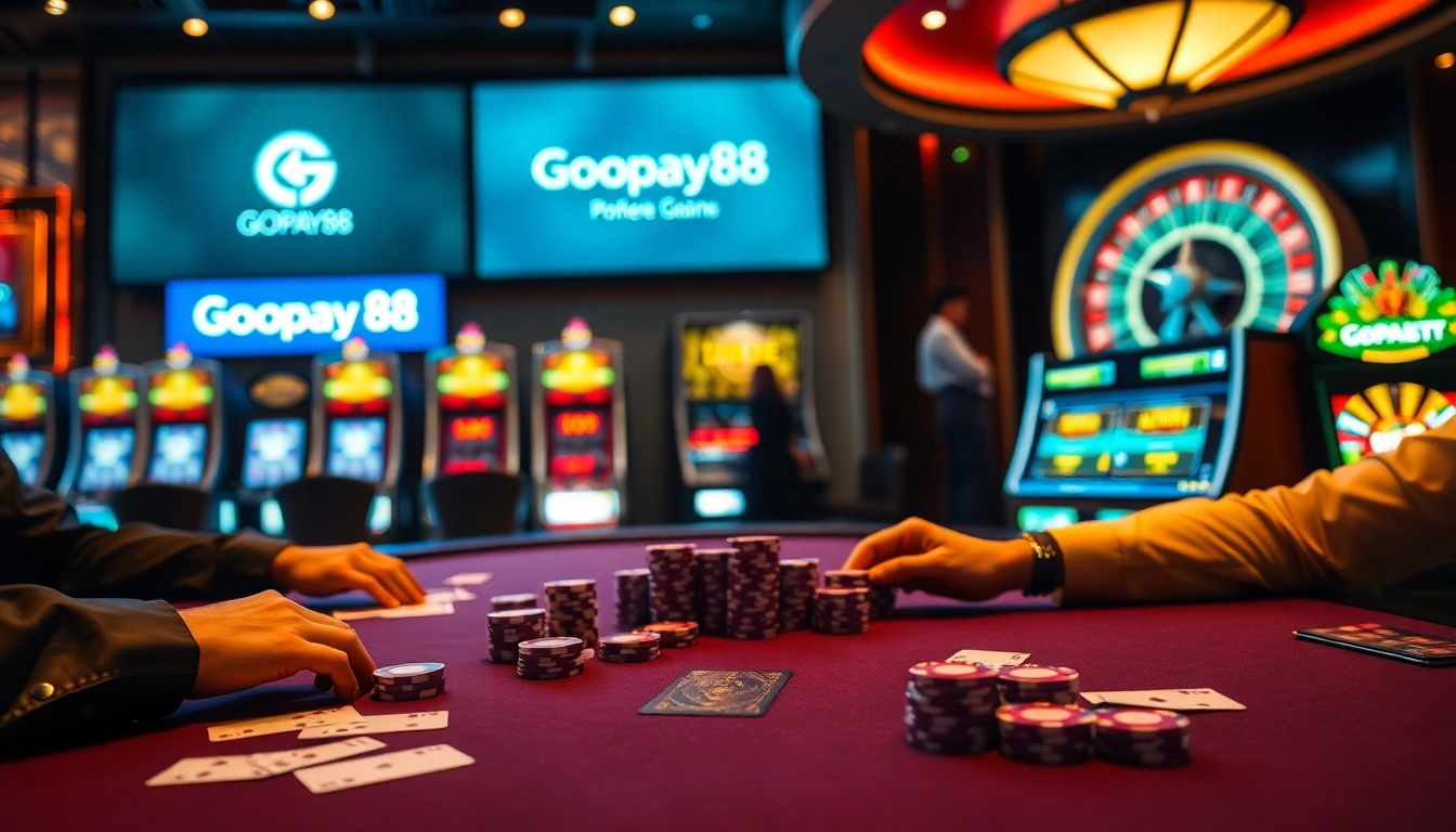 Poker table action featuring Gopay88 branding, vibrant casino atmosphere, and high-stakes excitement.