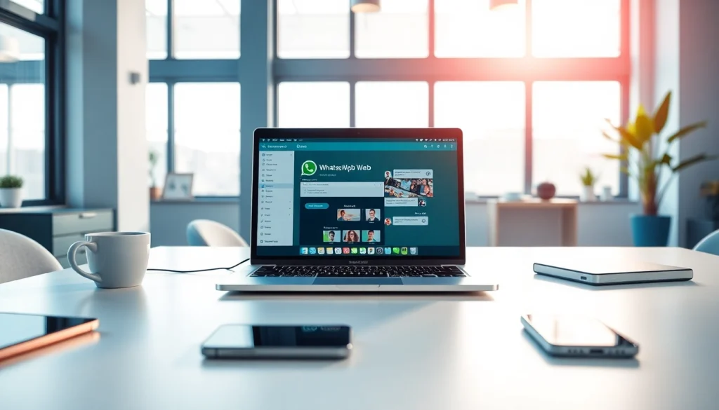 展示 WhatsApp Web 界面的活跃工作区，配有笔记本电脑、咖啡和智能手机。