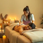 출장마사지 session with a professional therapist in a tranquil home spa setting.