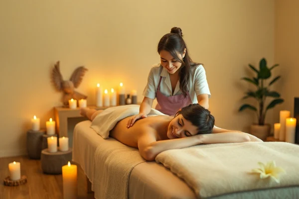 출장마사지 session with a professional therapist in a tranquil home spa setting.