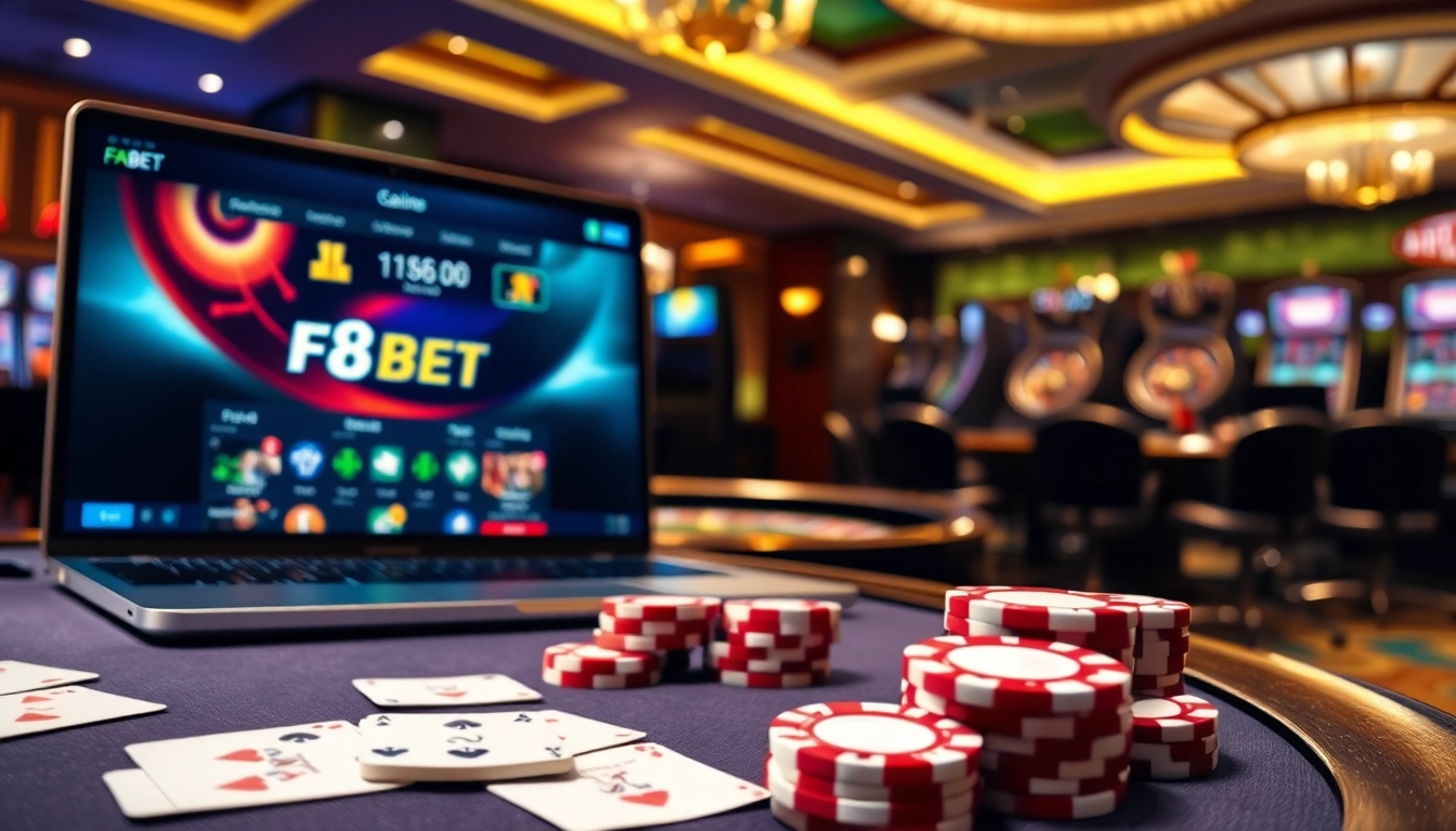 Experience F8BET gaming with vibrant tables, poker chips, and a luxurious online interface.