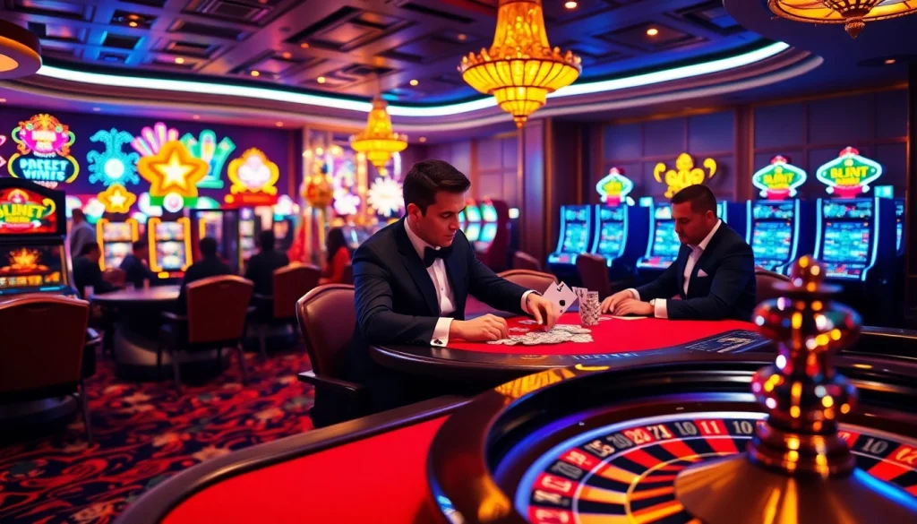 Spectacular gaming scene at https://shbet.law/ showcasing engaging poker and vibrant slot machines.