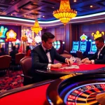 Spectacular gaming scene at https://shbet.law/ showcasing engaging poker and vibrant slot machines.