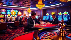 Spectacular gaming scene at https://shbet.law/ showcasing engaging poker and vibrant slot machines.