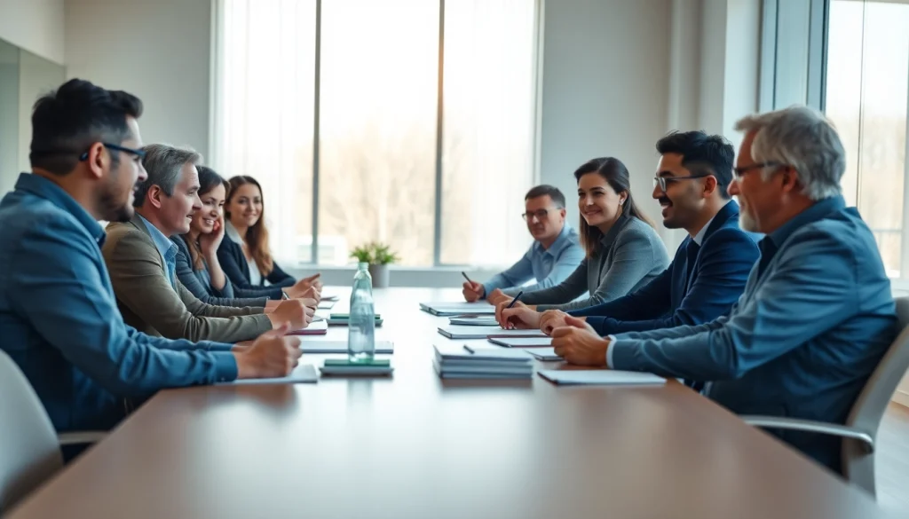 Engaged leaders discussing founder leadership insights in a modern office setting.