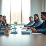 Engaged leaders discussing founder leadership insights in a modern office setting.