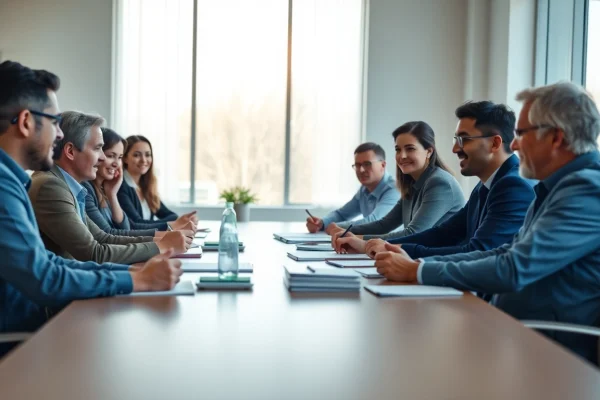 Engaged leaders discussing founder leadership insights in a modern office setting.