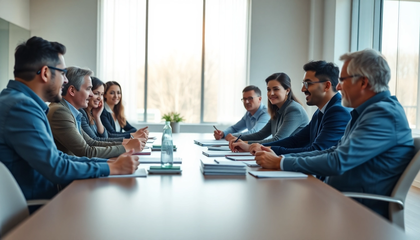 Engaged leaders discussing founder leadership insights in a modern office setting.