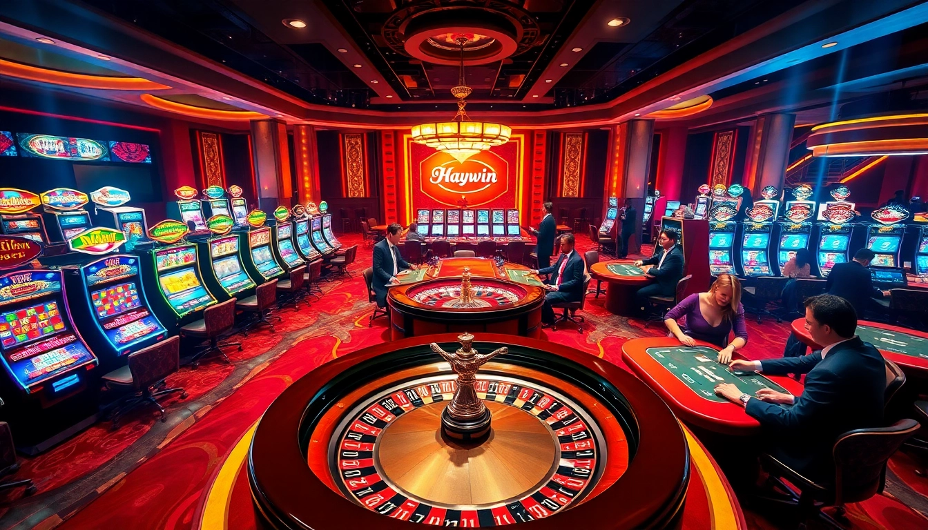 Haywin casino scene with roulette, poker tables, and vibrant slot machines showcasing excitement.