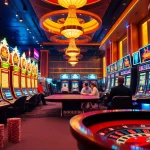 NOHU90 gaming excitement at a vibrant casino table with players and slots.