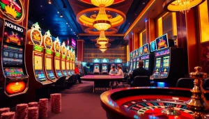 NOHU90 gaming excitement at a vibrant casino table with players and slots.