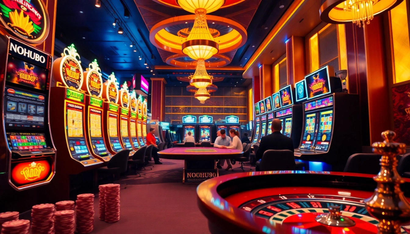 NOHU90 gaming excitement at a vibrant casino table with players and slots.