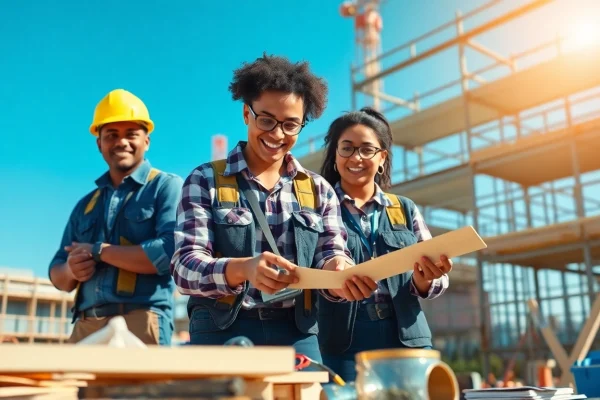 Apprentices working on a construction apprenticeship with tools and materials at a training site.