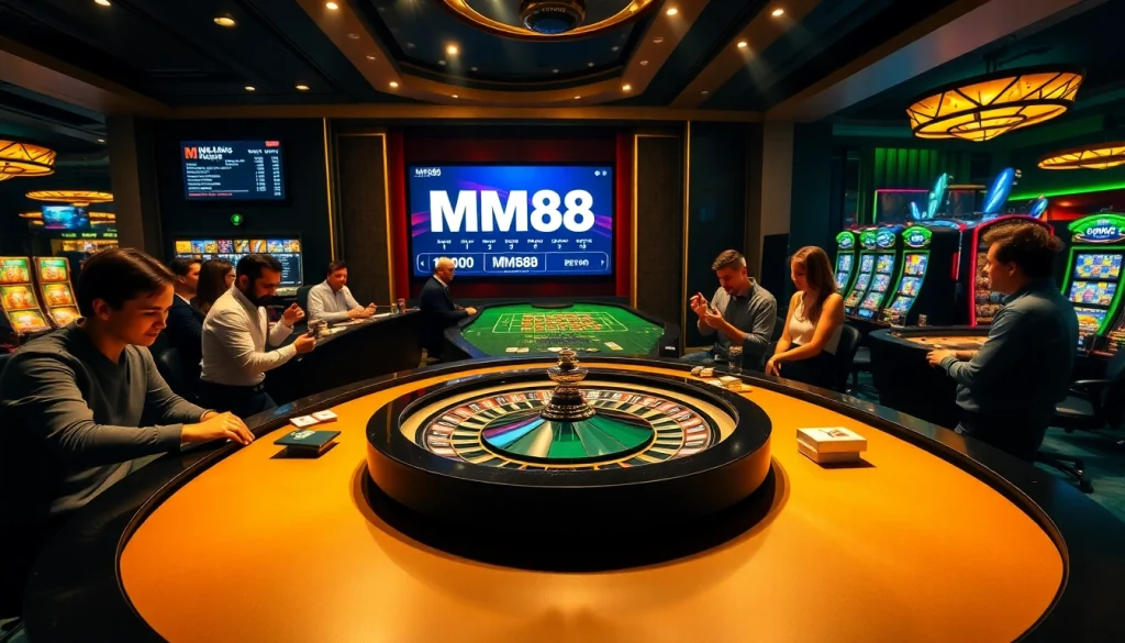 Exciting casino scene with MM88 branding at a luxurious roulette table, engaging players.