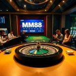 Exciting casino scene with MM88 branding at a luxurious roulette table, engaging players.