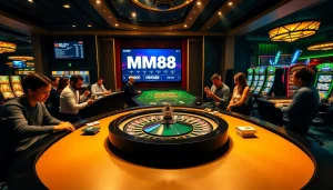 Exciting casino scene with MM88 branding at a luxurious roulette table, engaging players.