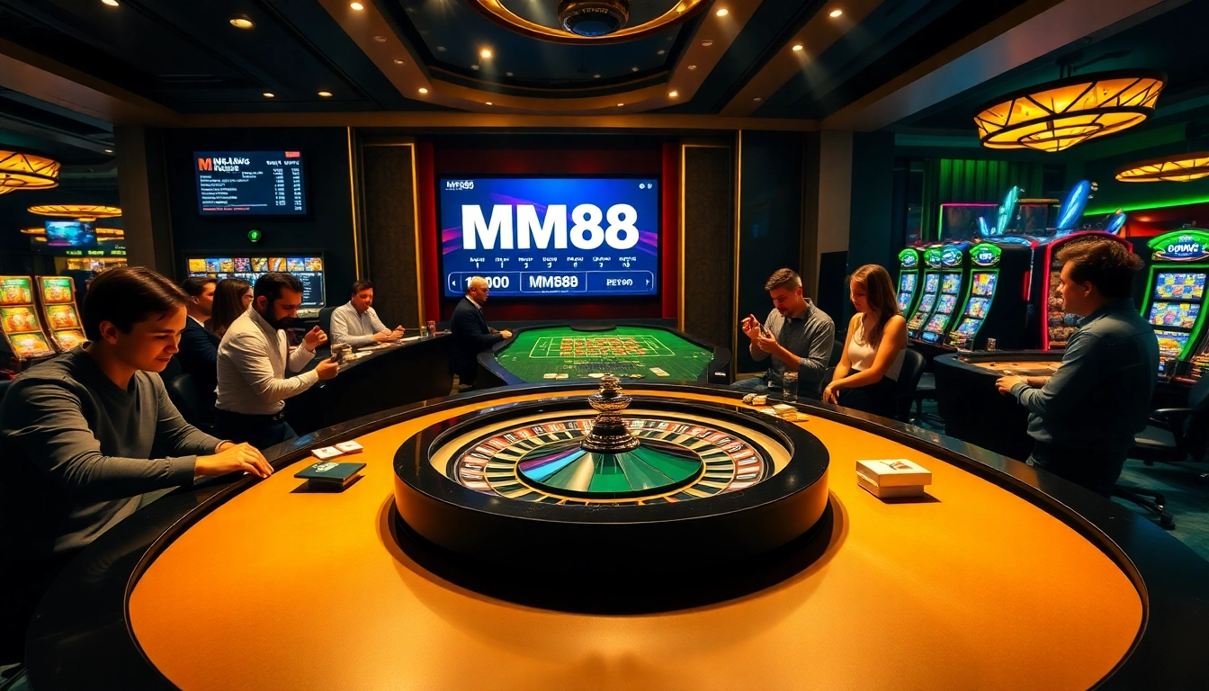 Exciting casino scene with MM88 branding at a luxurious roulette table, engaging players.