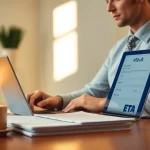 Engaging scene showcasing the eta uk application form on a laptop at a workspace, highlighting the application process.