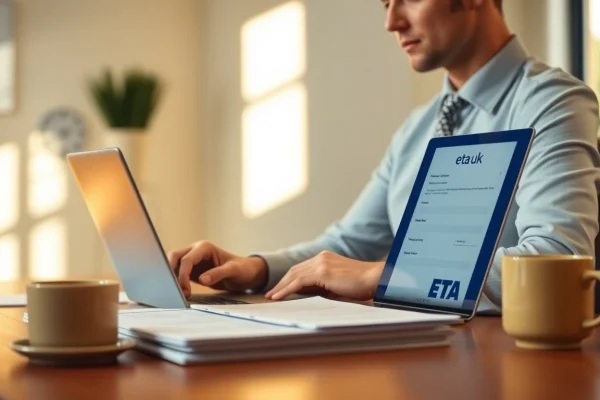 Engaging scene showcasing the eta uk application form on a laptop at a workspace, highlighting the application process.
