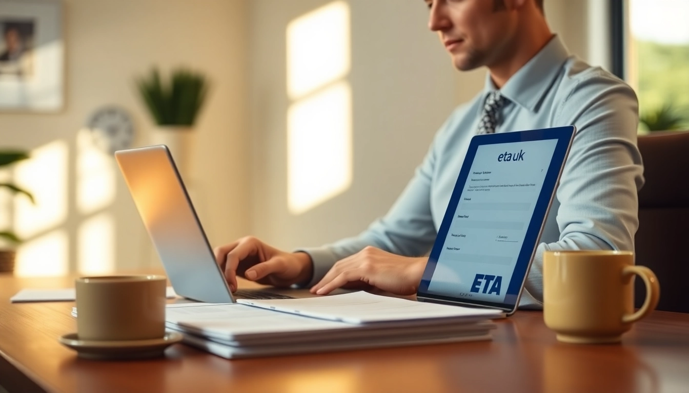 Engaging scene showcasing the eta uk application form on a laptop at a workspace, highlighting the application process.