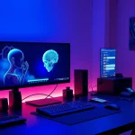 NSFW AI-focused digital workspace with vibrant displays and interactive elements