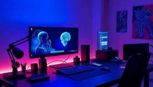 NSFW AI-focused digital workspace with vibrant displays and interactive elements