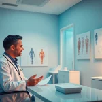 包茎手術 おすすめ治療を専門とする男性向け健康クリニックの診察風景。専門性とケアを強調。