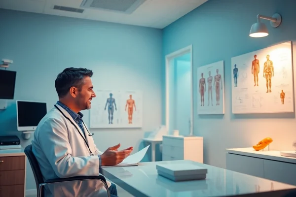 包茎手術 おすすめ治療を専門とする男性向け健康クリニックの診察風景。専門性とケアを強調。