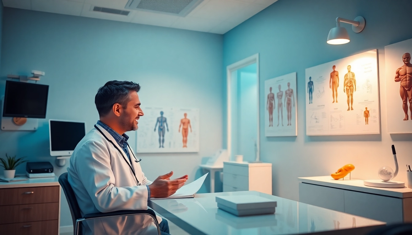 包茎手術 おすすめ治療を専門とする男性向け健康クリニックの診察風景。専門性とケアを強調。