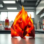 Visualize a fire tetrahedron model on a laboratory workbench, showcasing its importance in fire safety.