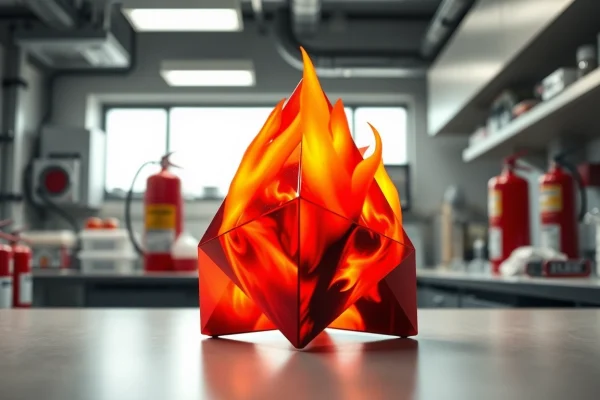 Visualize a fire tetrahedron model on a laboratory workbench, showcasing its importance in fire safety.