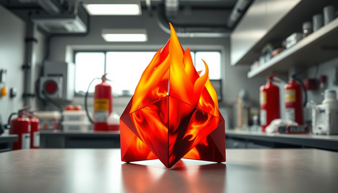 Visualize a fire tetrahedron model on a laboratory workbench, showcasing its importance in fire safety.