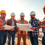 Texas association of builders collaborating at a vibrant construction site with blueprints.