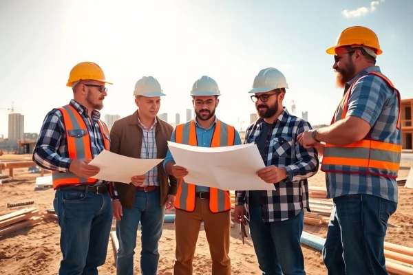 Texas association of builders collaborating at a vibrant construction site with blueprints.