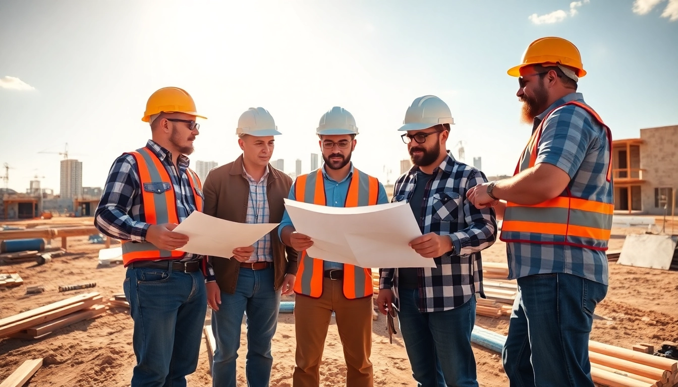 Texas association of builders collaborating at a vibrant construction site with blueprints.