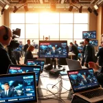 Track the latest BTS news updates in an energetic newsroom environment with reporters hustling.