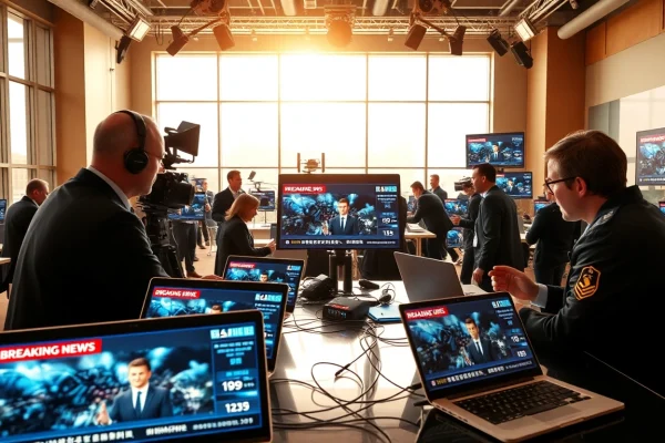 Track the latest BTS news updates in an energetic newsroom environment with reporters hustling.