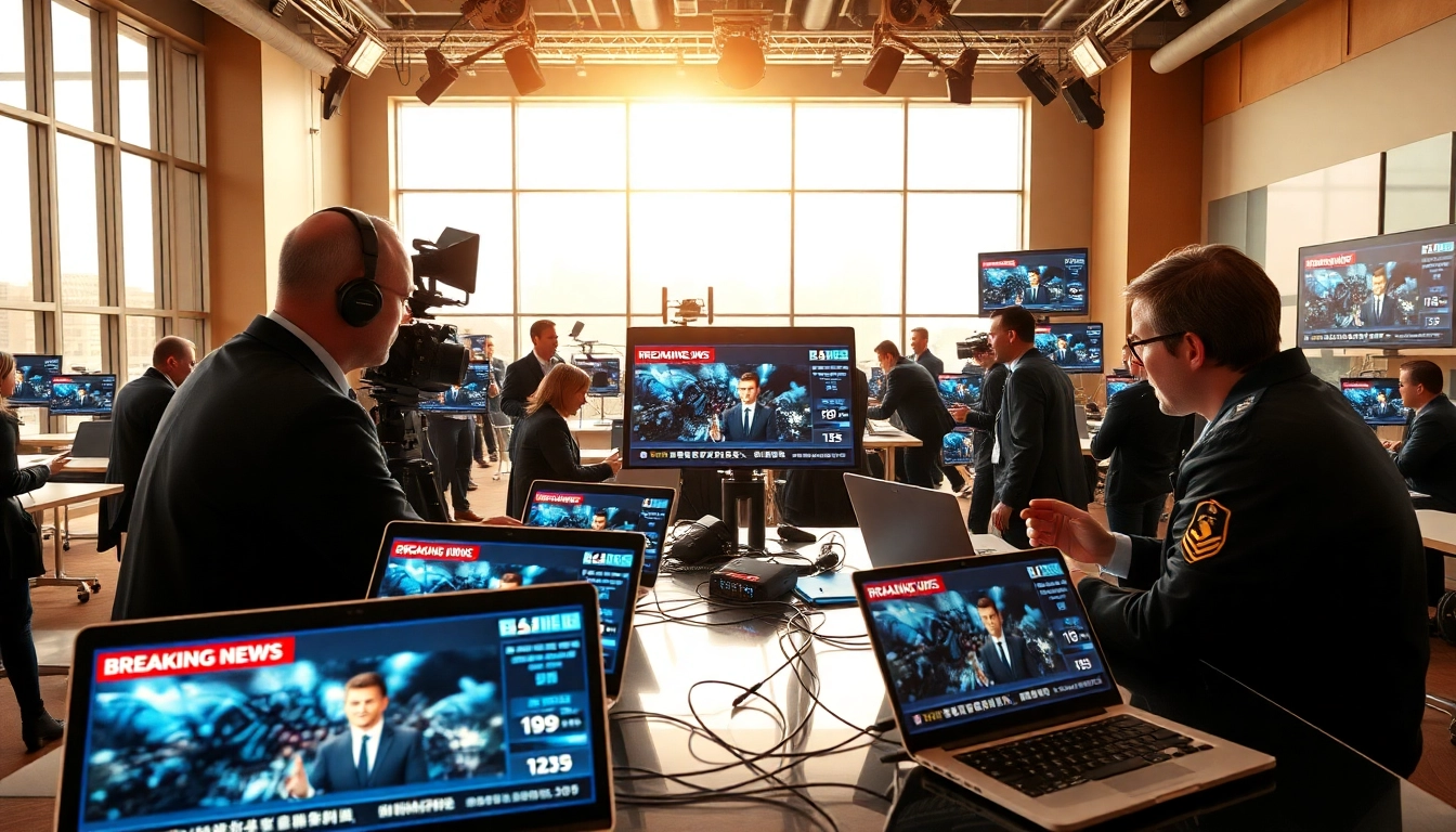 Track the latest BTS news updates in an energetic newsroom environment with reporters hustling.