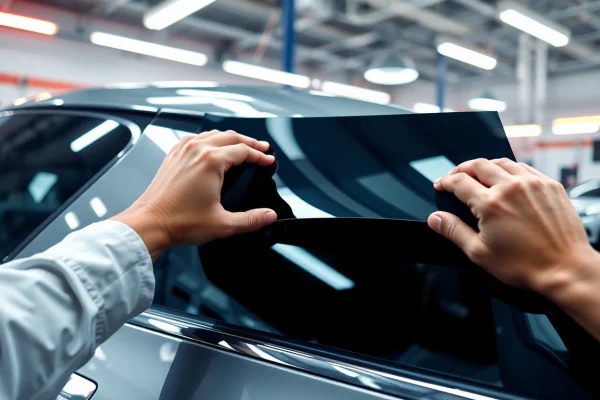 Apply window tint near me with precision in a well-lit garage environment.