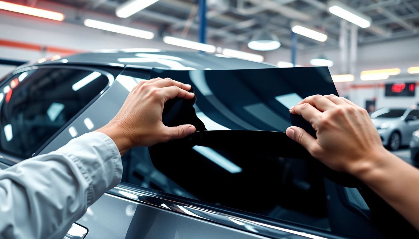 Apply window tint near me with precision in a well-lit garage environment.